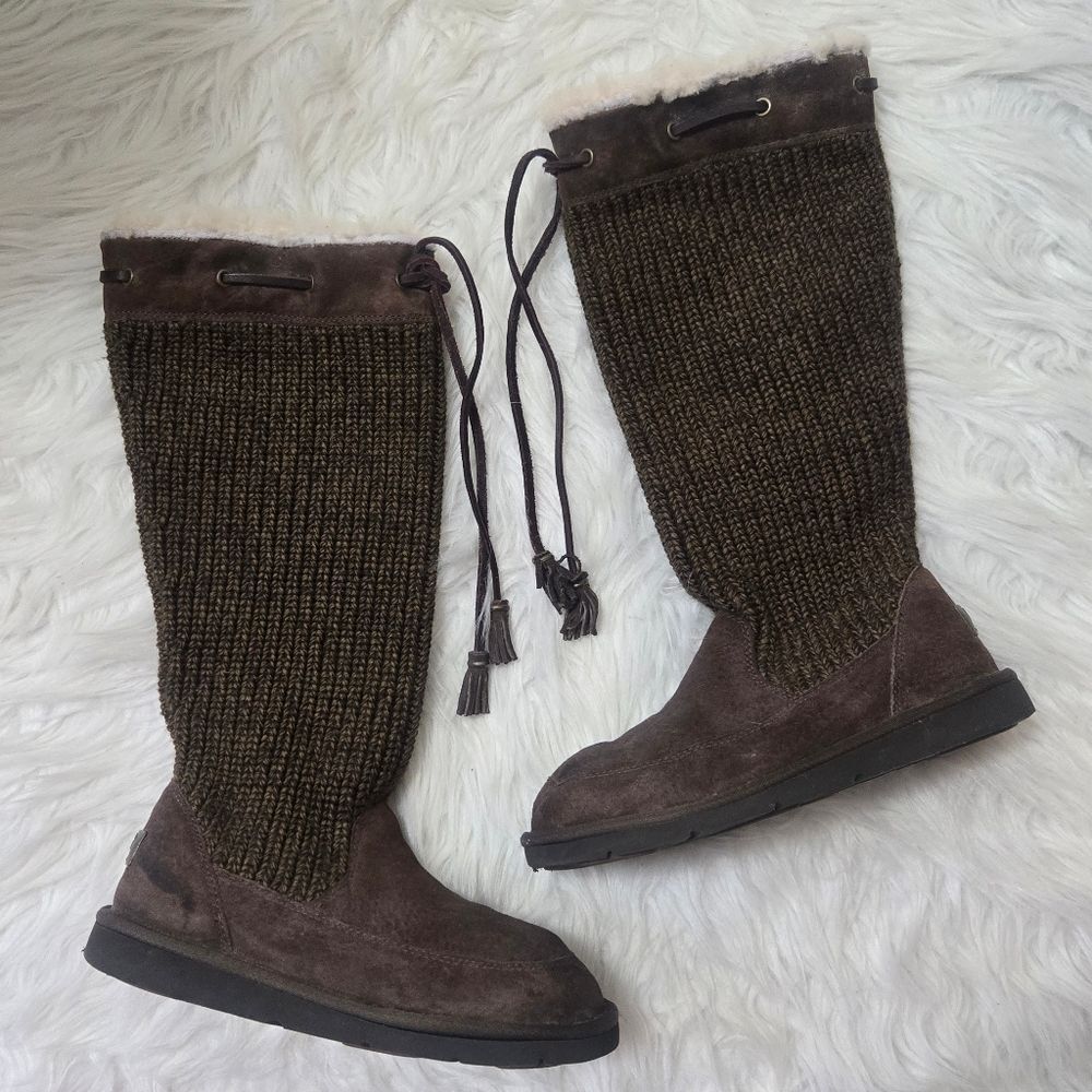 UGG 7 Suede‎ Suburb Crochet Shearling Sweater Boots 5124 Brown Knit UGGS Leather